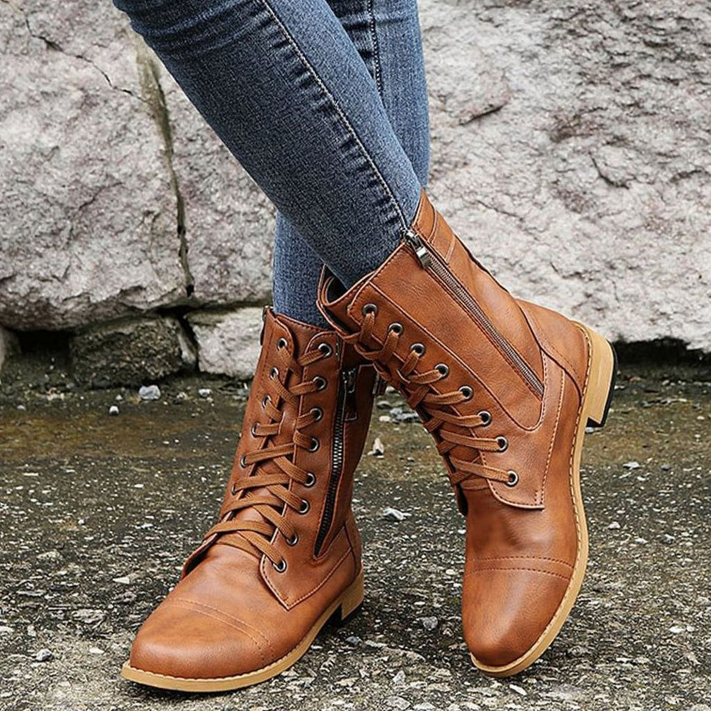 Women's Lace-Up Side-Zip Buckle Combat Boots