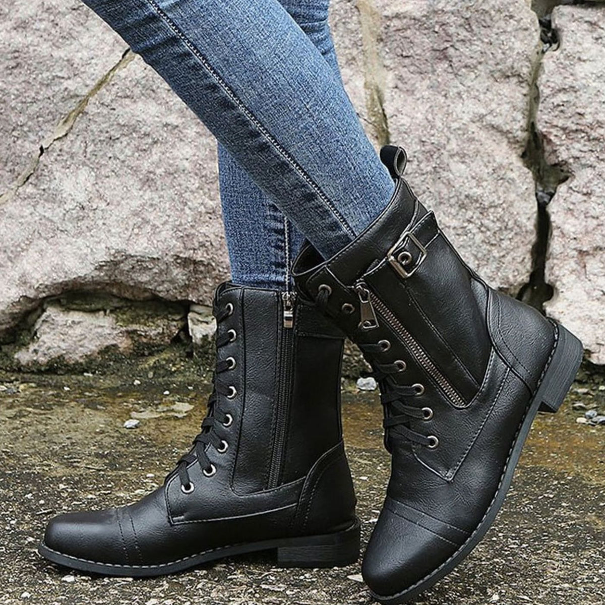Women's Lace-Up Side-Zip Buckle Combat Boots