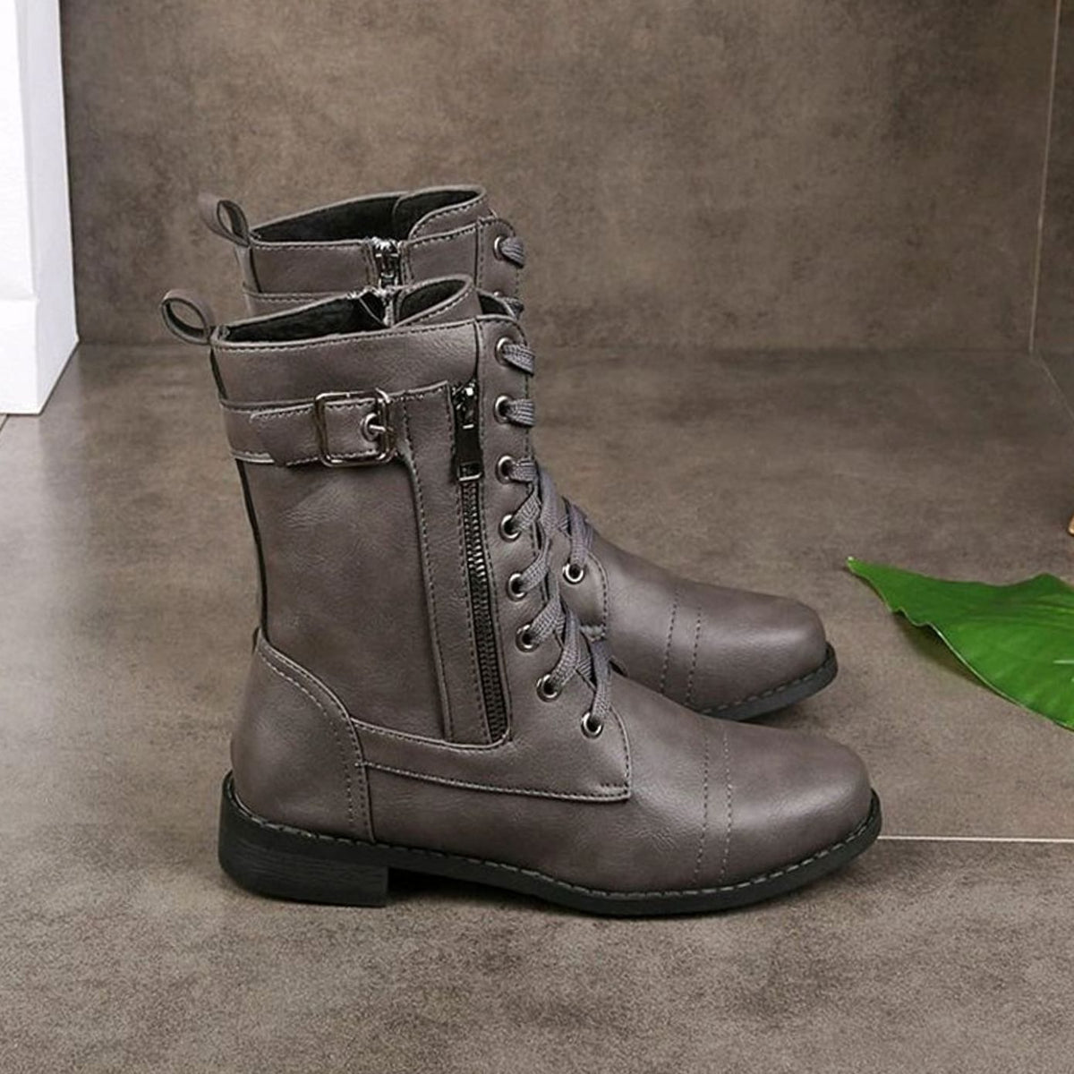 Women's Lace-Up Side-Zip Buckle Combat Boots