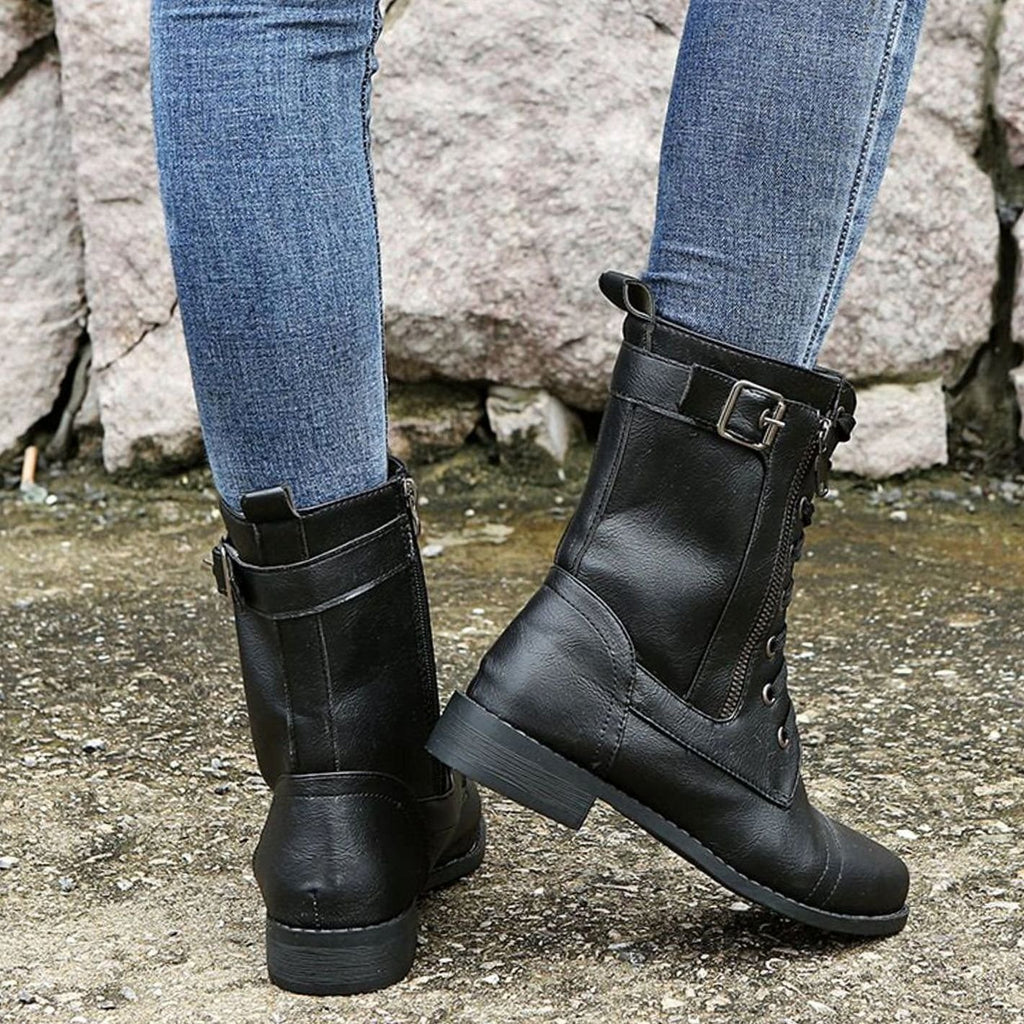 Women's Lace-Up Side-Zip Buckle Combat Boots