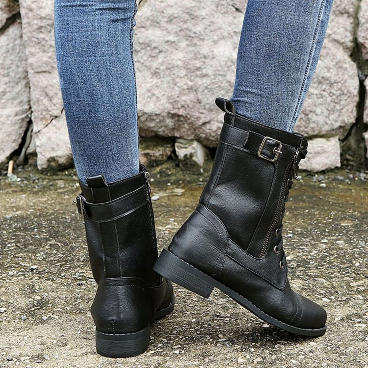 Women's Lace-Up Side-Zip Buckle Combat Boots