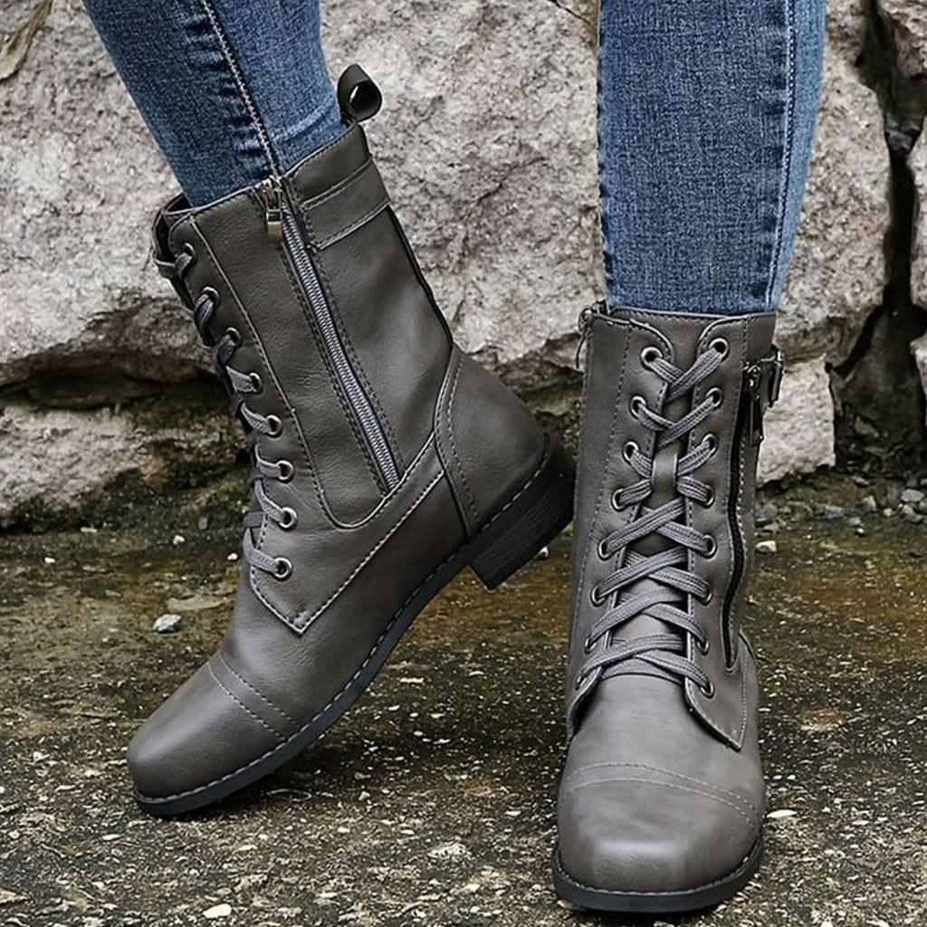 Women's Lace-Up Side-Zip Buckle Combat Boots