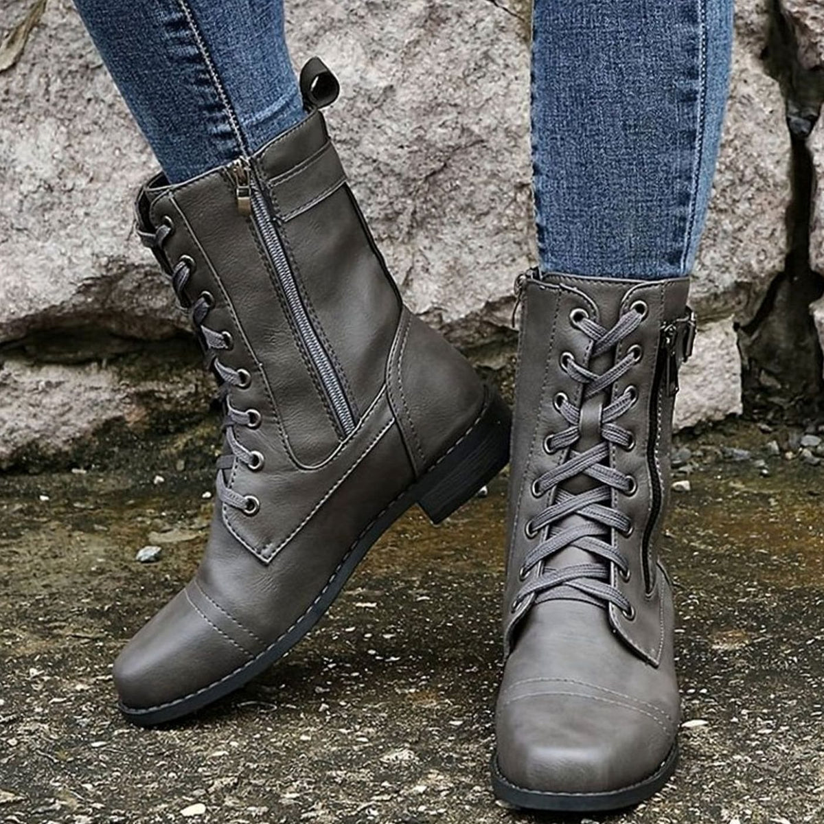 Women's Lace-Up Side-Zip Buckle Combat Boots