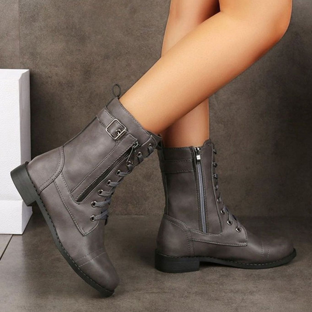 Women's Lace-Up Side-Zip Buckle Combat Boots