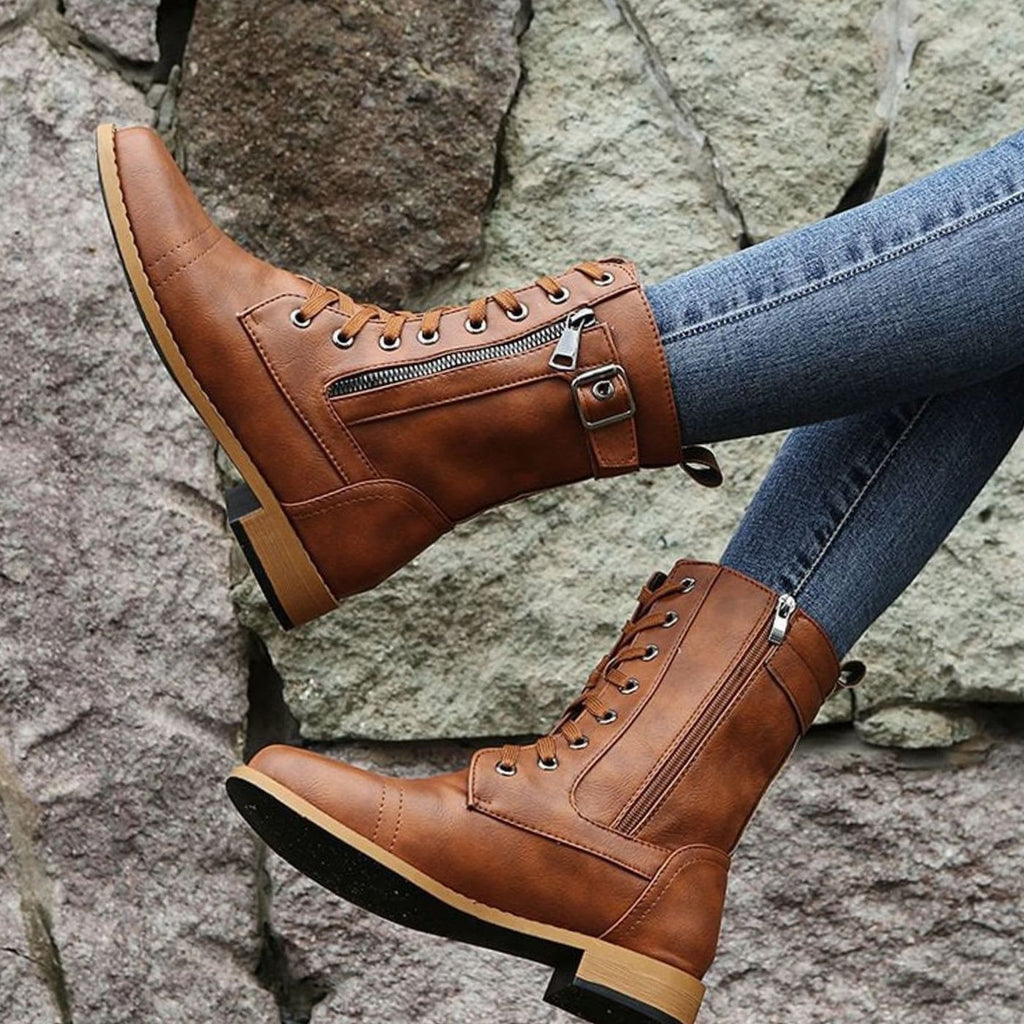 Women's Lace-Up Side-Zip Buckle Combat Boots