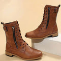 Women's Lace-Up Side-Zip Buckle Combat Boots - Brown