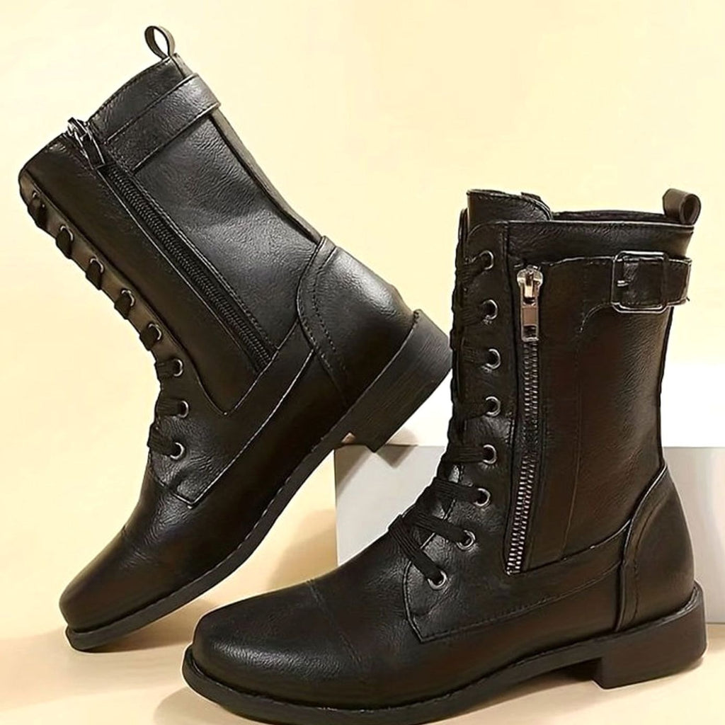 Women's Lace-Up Side-Zip Buckle Combat Boots - Black