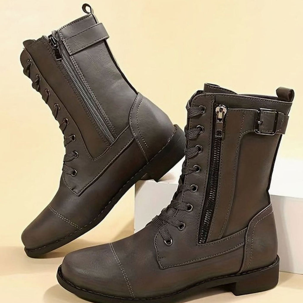 Women's Lace-Up Side-Zip Buckle Combat Boots - Gray