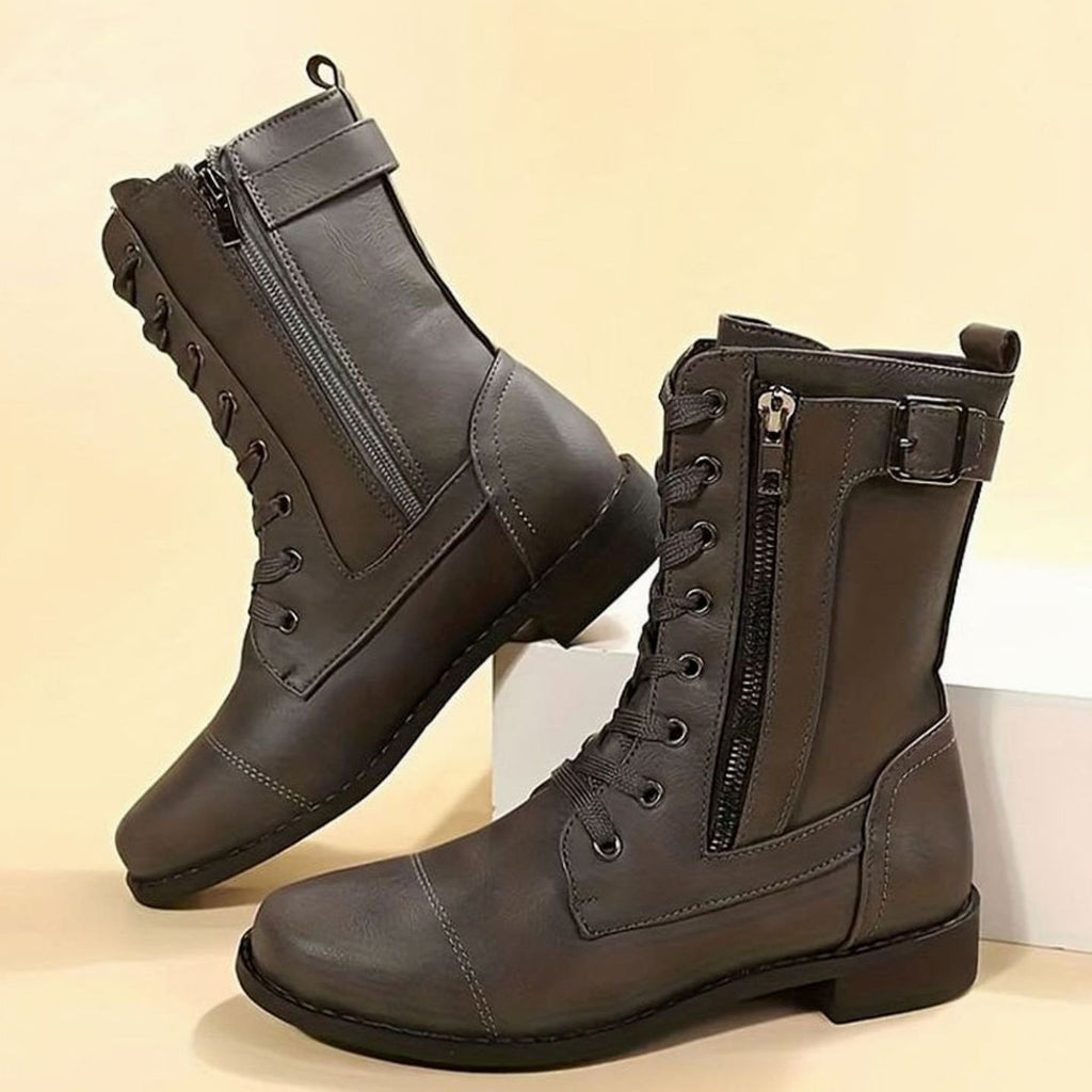 Women's Lace-Up Side-Zip Buckle Combat Boots