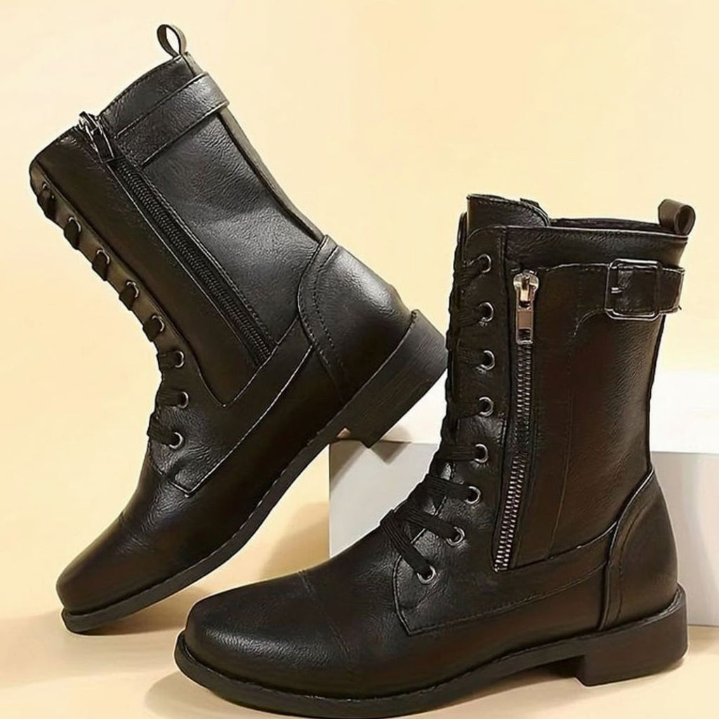 Women's Lace-Up Side-Zip Buckle Combat Boots