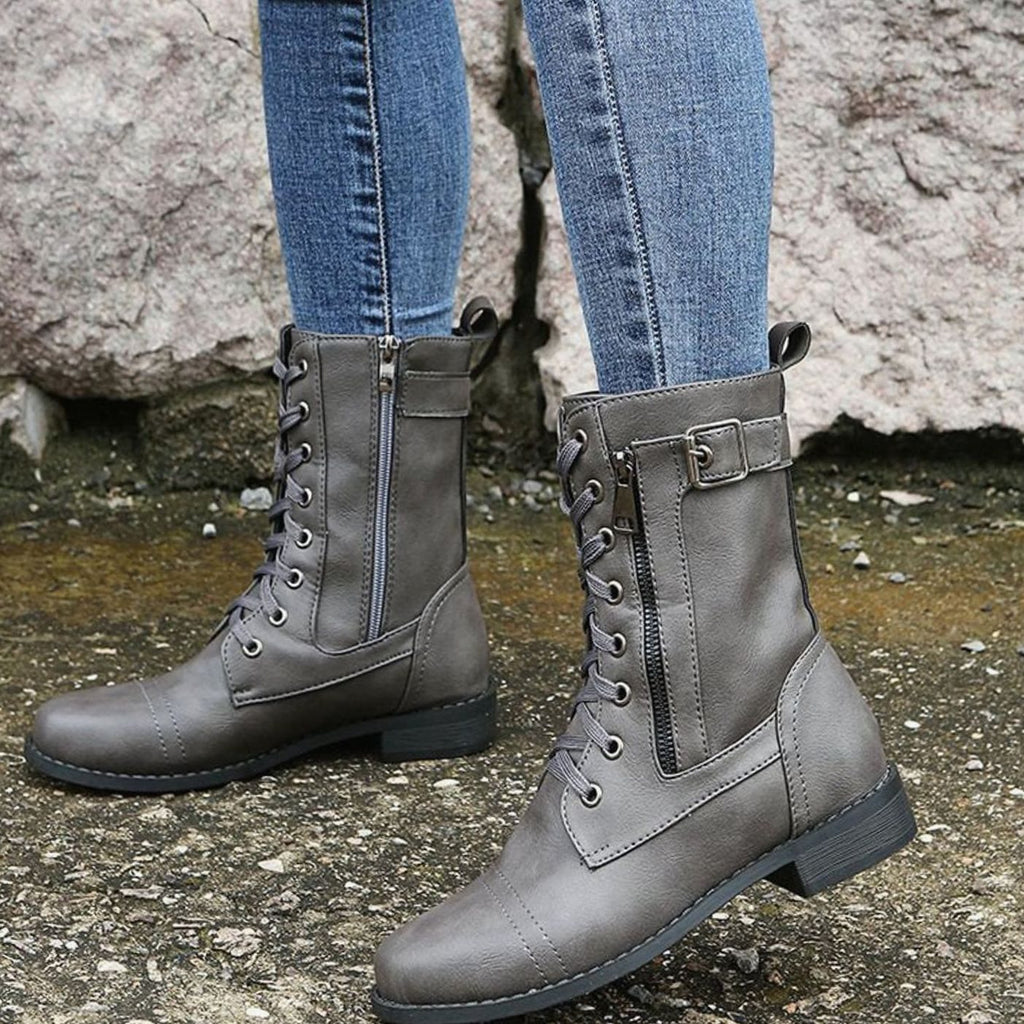 Women's Lace-Up Side-Zip Buckle Combat Boots