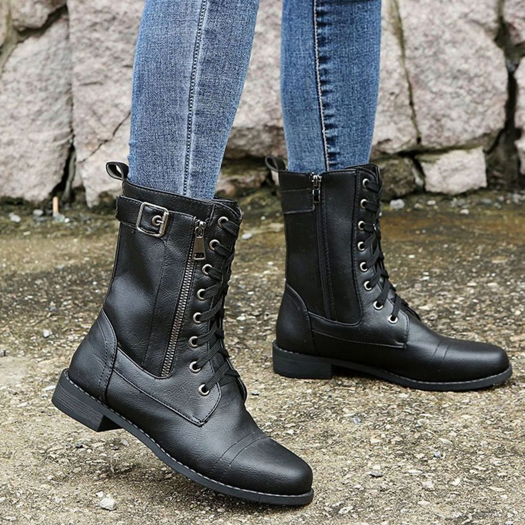 Women's Lace-Up Side-Zip Buckle Combat Boots