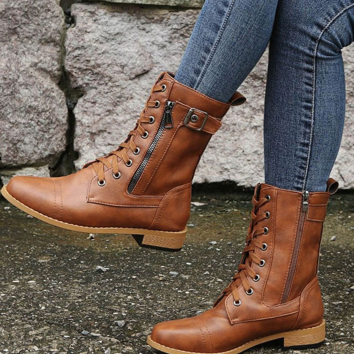 Women's Lace-Up Side-Zip Buckle Combat Boots