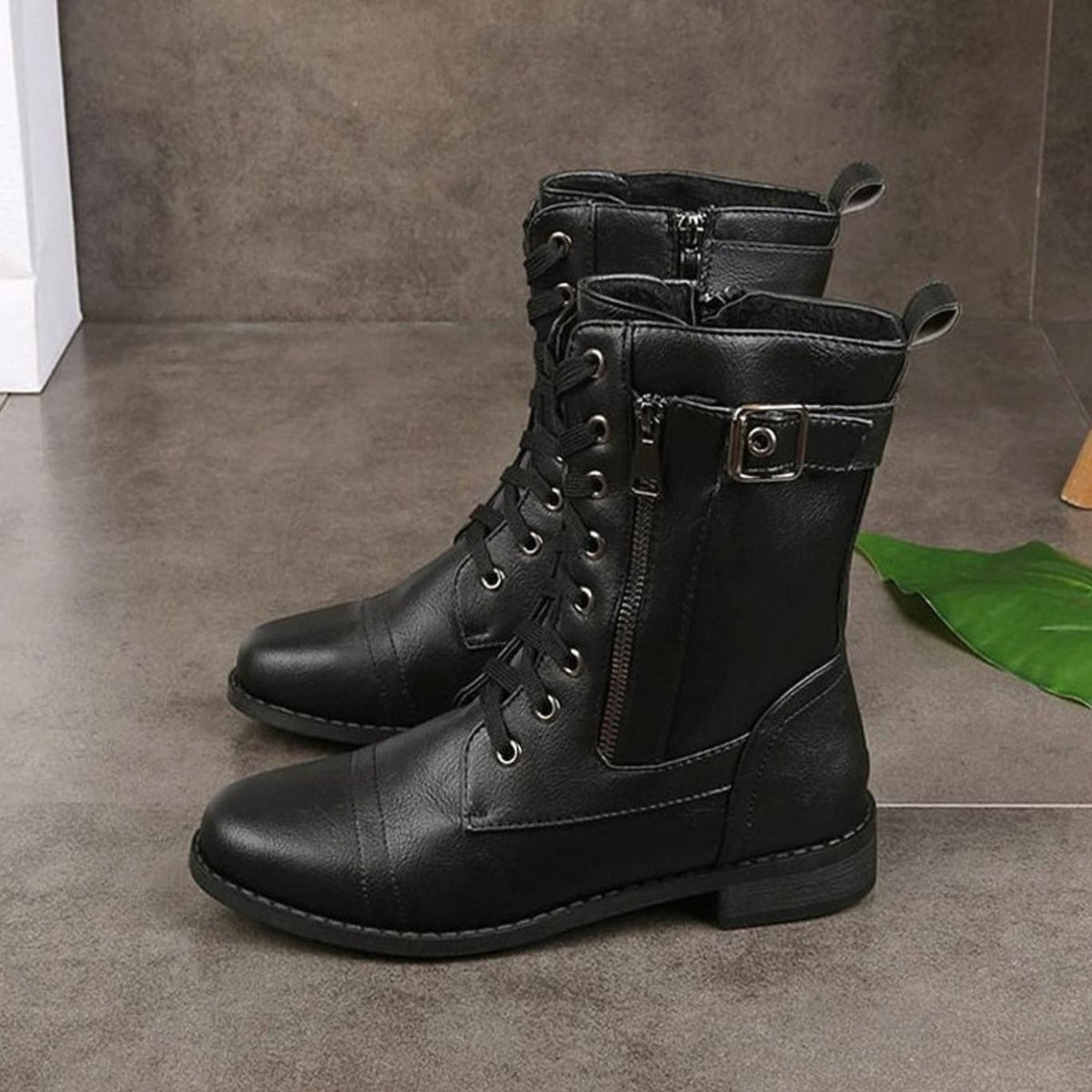 Women's Lace-Up Side-Zip Buckle Combat Boots