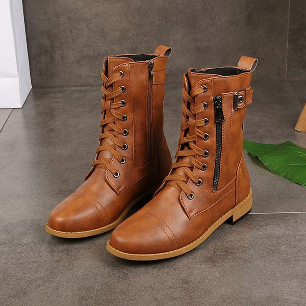 Women's Lace-Up Side-Zip Buckle Combat Boots