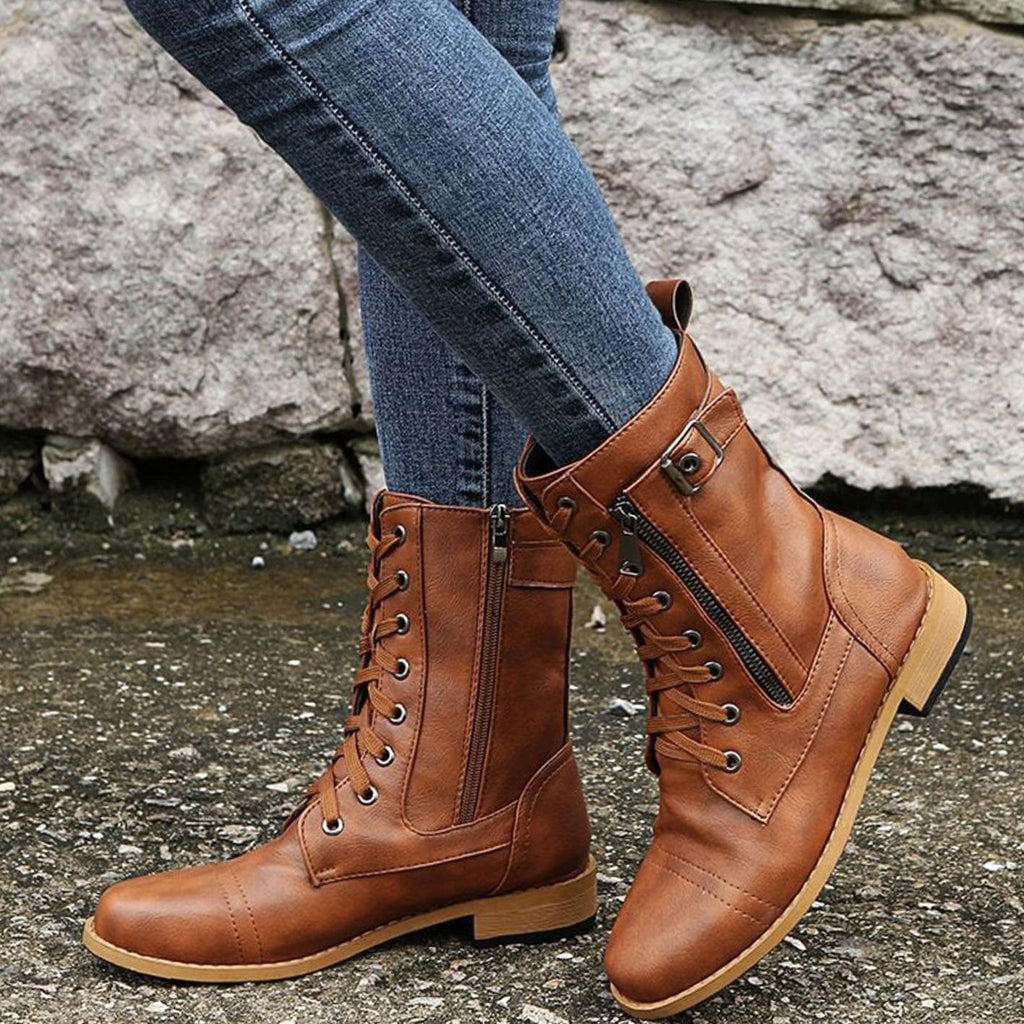 Women's Lace-Up Side-Zip Buckle Combat Boots
