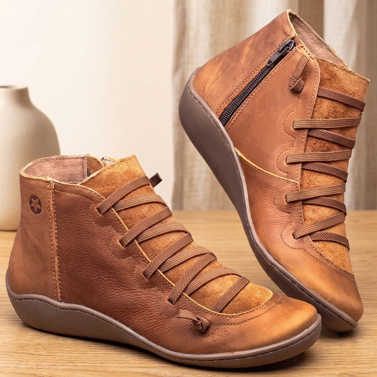 Women's Lace-Up Side-Zip Flat Autumn Ankle Boots - Brown