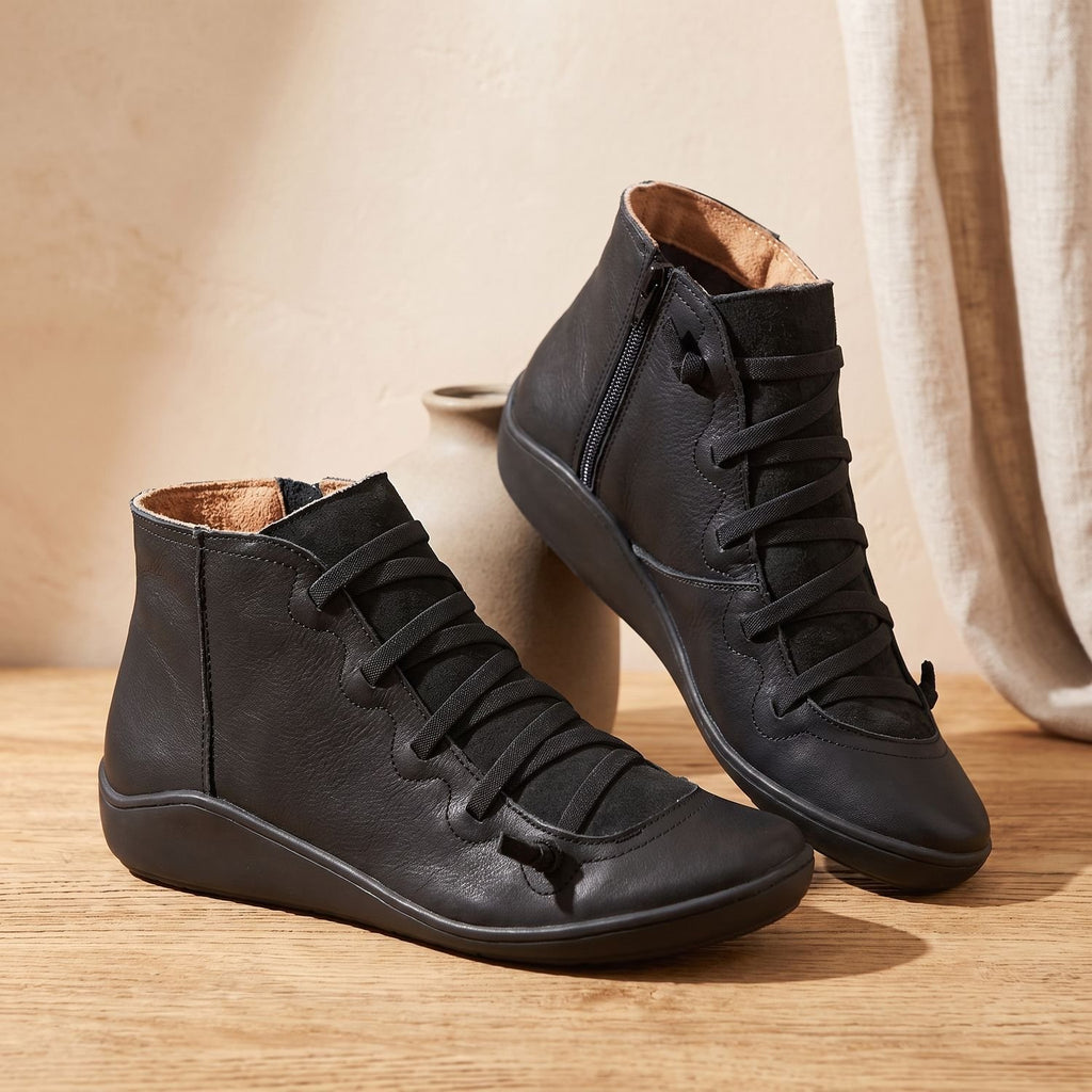 Women's Lace-Up Side-Zip Flat Autumn Ankle Boots - Black