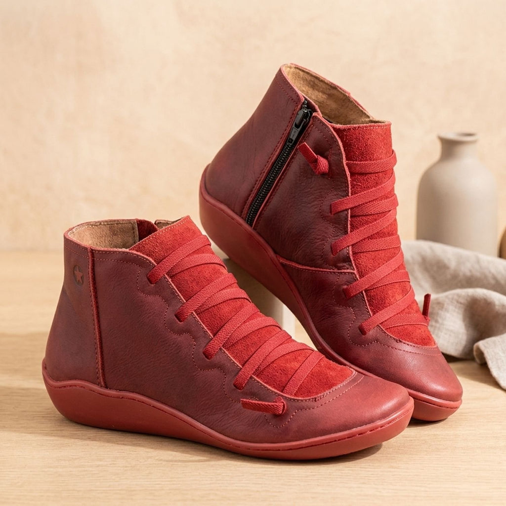 Women's Lace-Up Side-Zip Flat Autumn Ankle Boots - Red