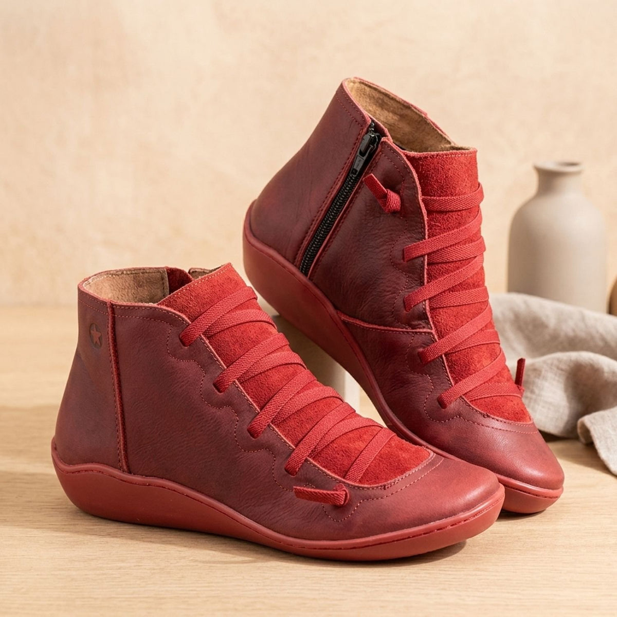 Women's Lace-Up Side-Zip Flat Autumn Ankle Boots - Red