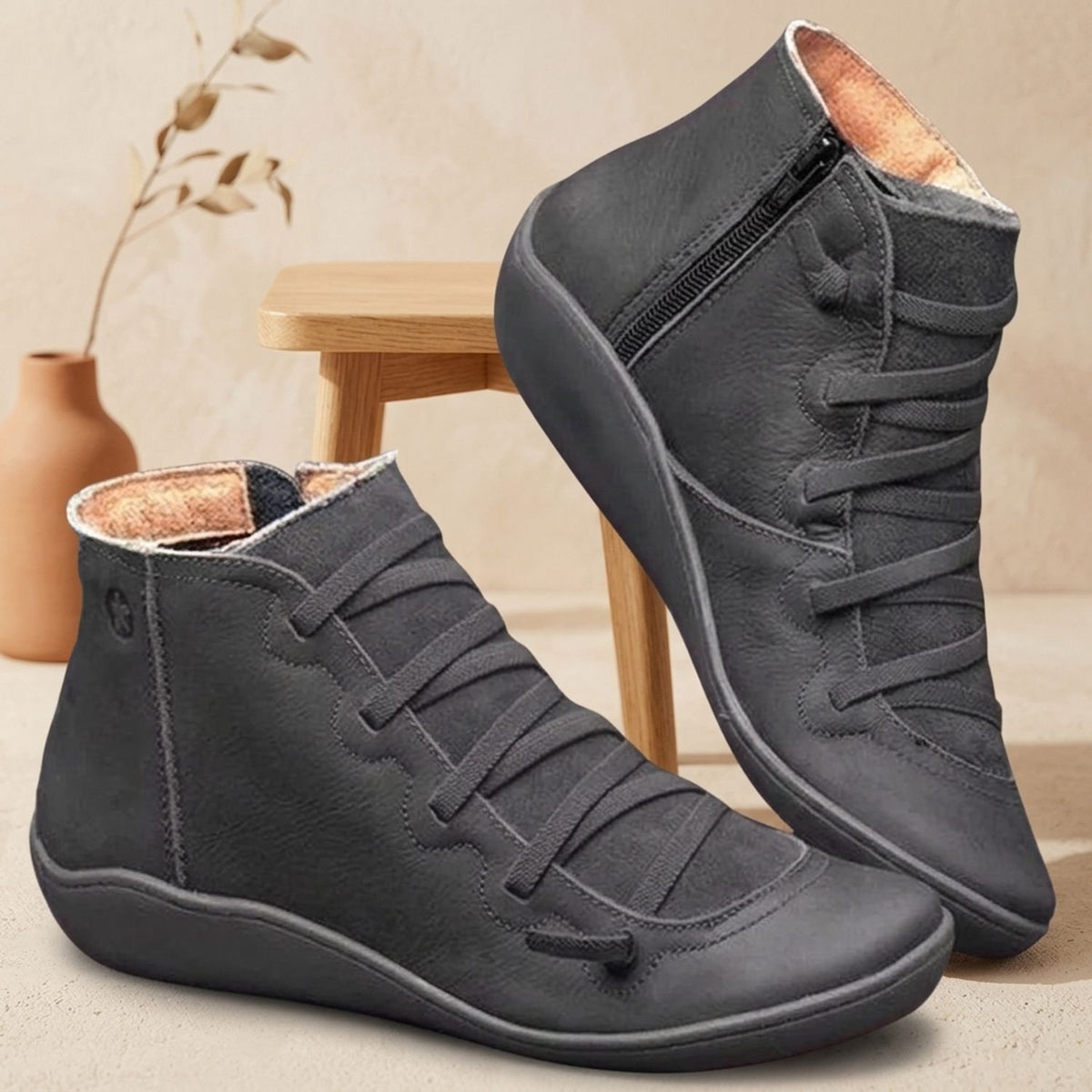 Women's Lace-Up Side-Zip Flat Autumn Ankle Boots - Gray
