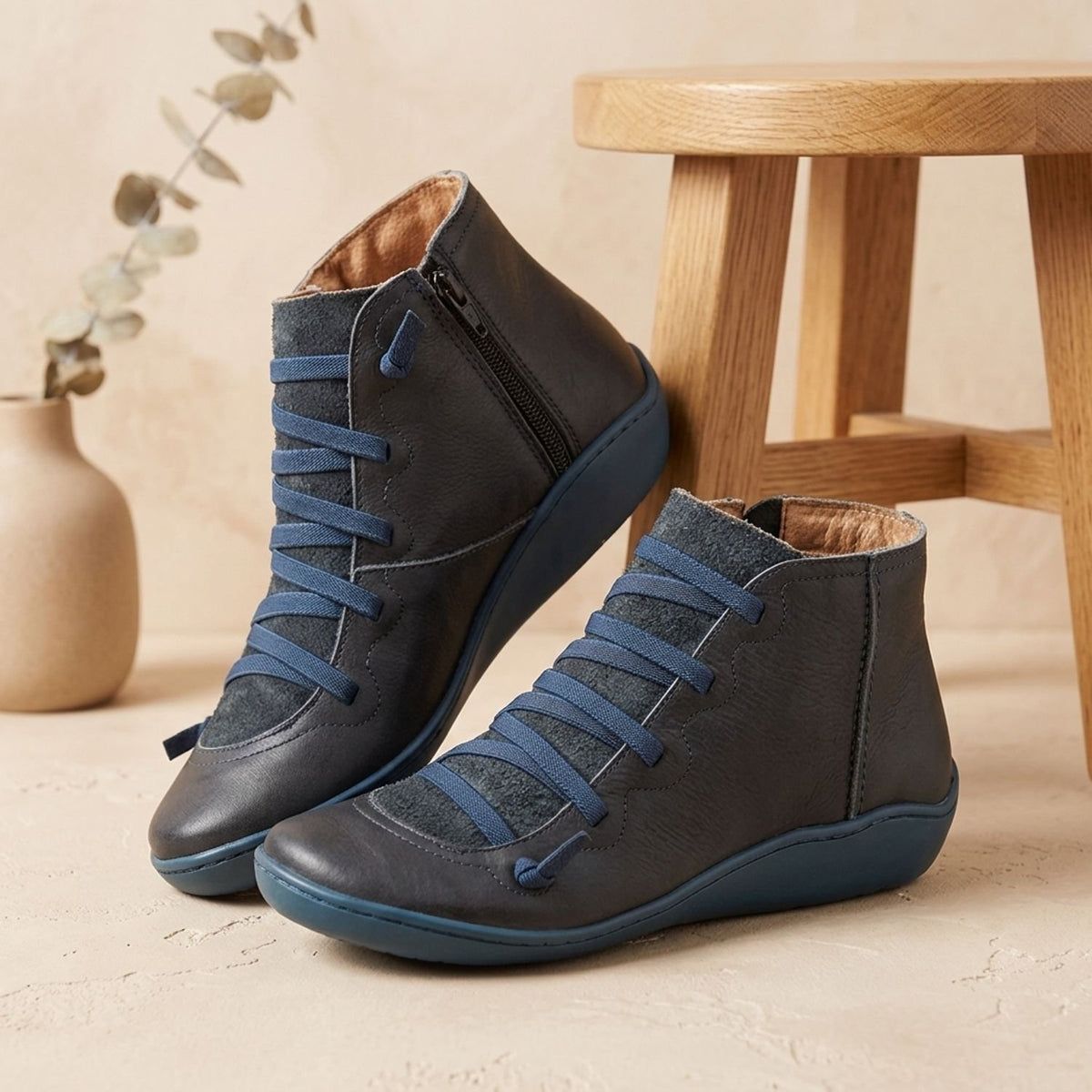 Women's Lace-Up Side-Zip Flat Autumn Ankle Boots - Blue