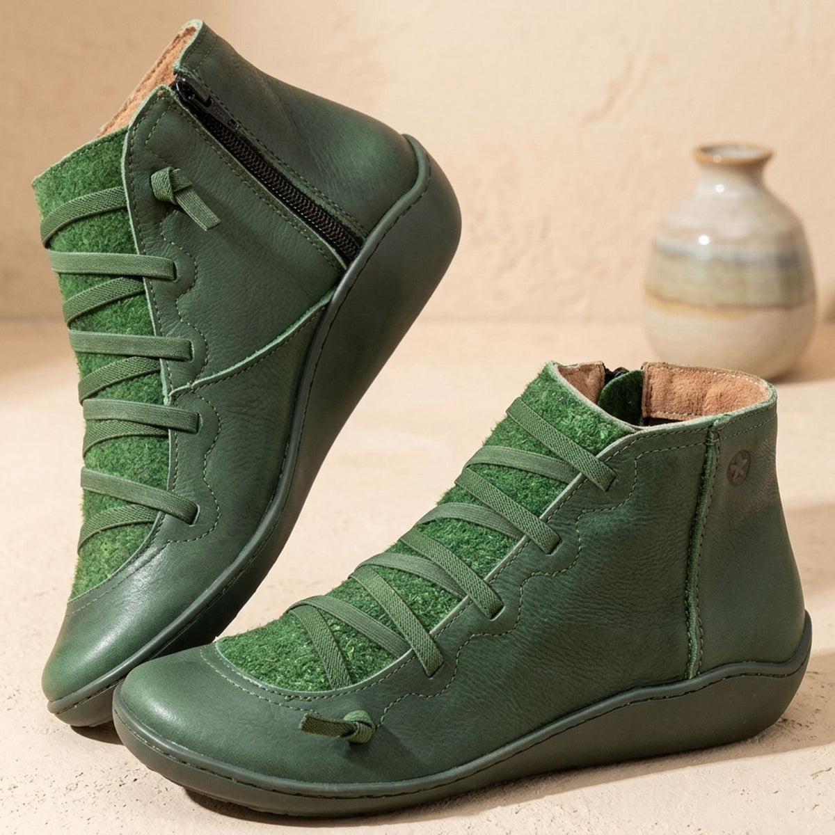 Women's Lace-Up Side-Zip Flat Autumn Ankle Boots - Green