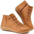 Women's Lace-Up Side-Zip Flat Leather Ankle Boots - Brown