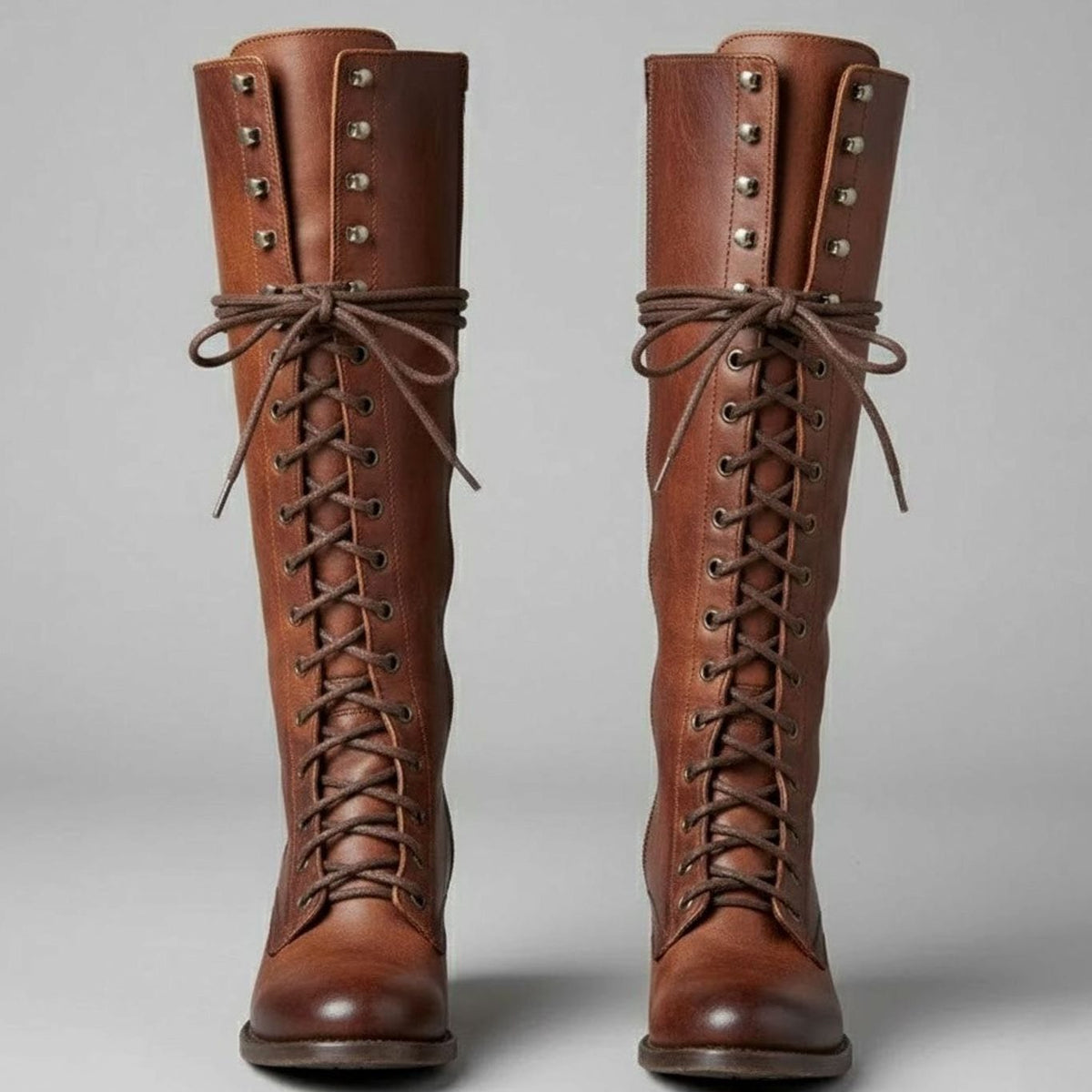 Women's Lace-Up Studded Block Heel Knee-High Boots - Brown