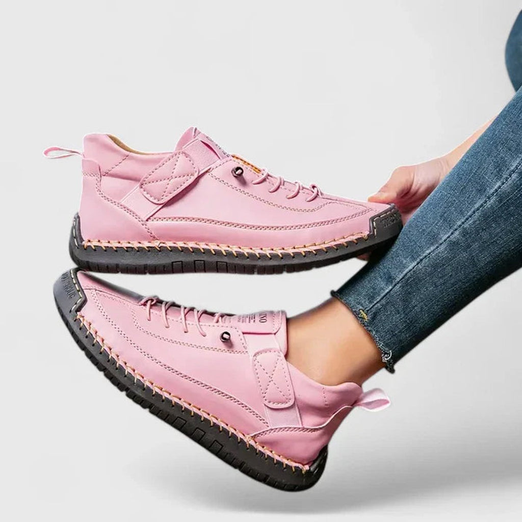 Women's Lace-Up Velcro Strap Low-Top Comfort Sneakers - Pink