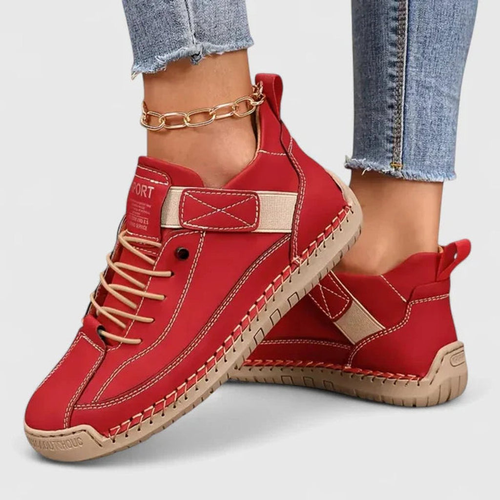 Women's Lace-Up Velcro Strap Low-Top Comfort Sneakers - Red
