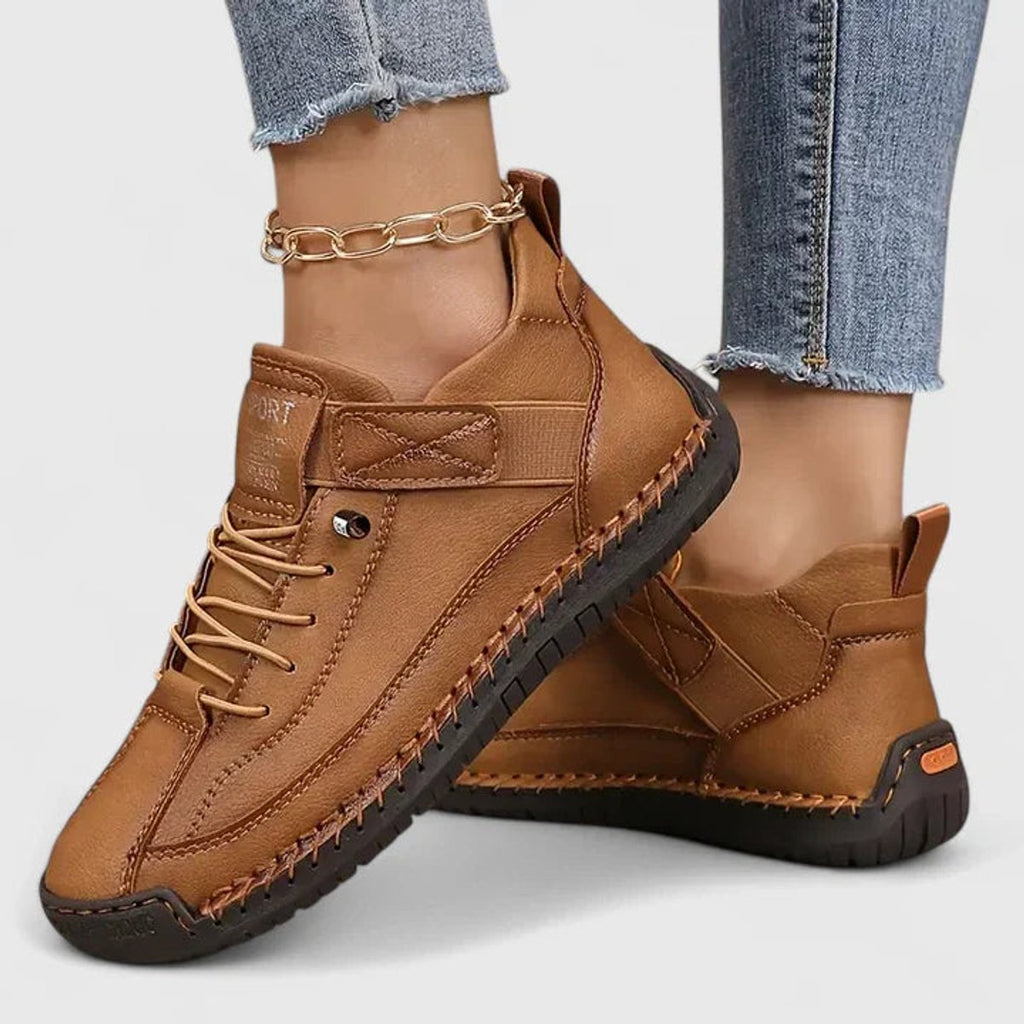 Women's Lace-Up Velcro Strap Low-Top Comfort Sneakers - Brown