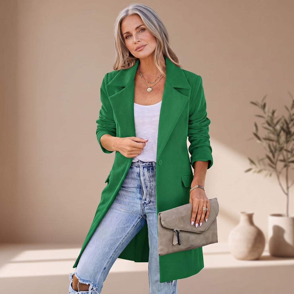 Women's Lapel Single-Button Tailored Trench Coat - Green