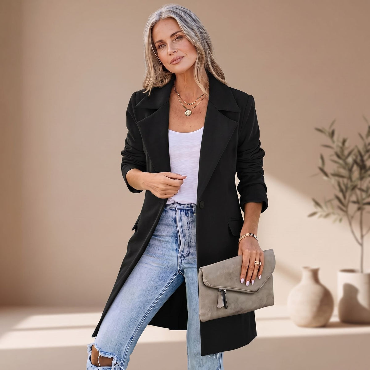 Women's Lapel Single-Button Tailored Trench Coat - Black