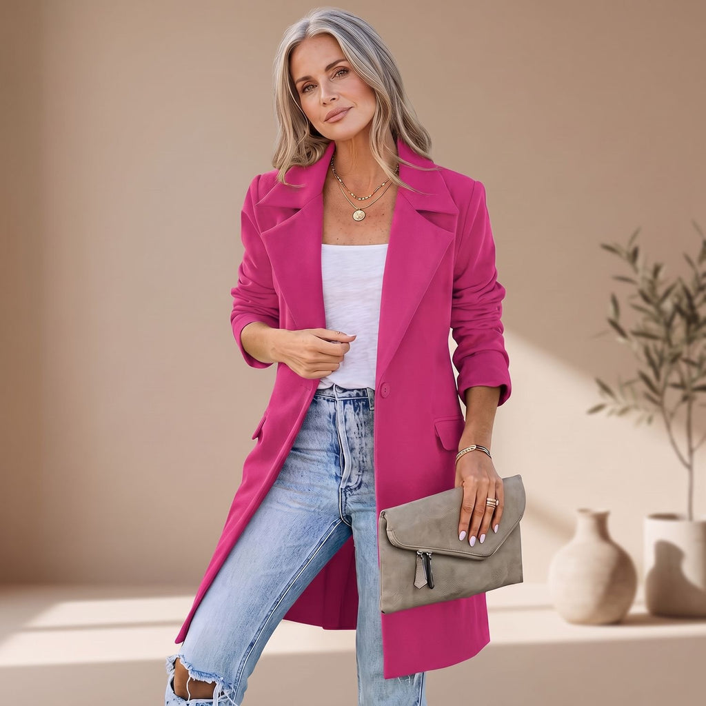 Women's Lapel Single-Button Tailored Trench Coat - Dark Pink