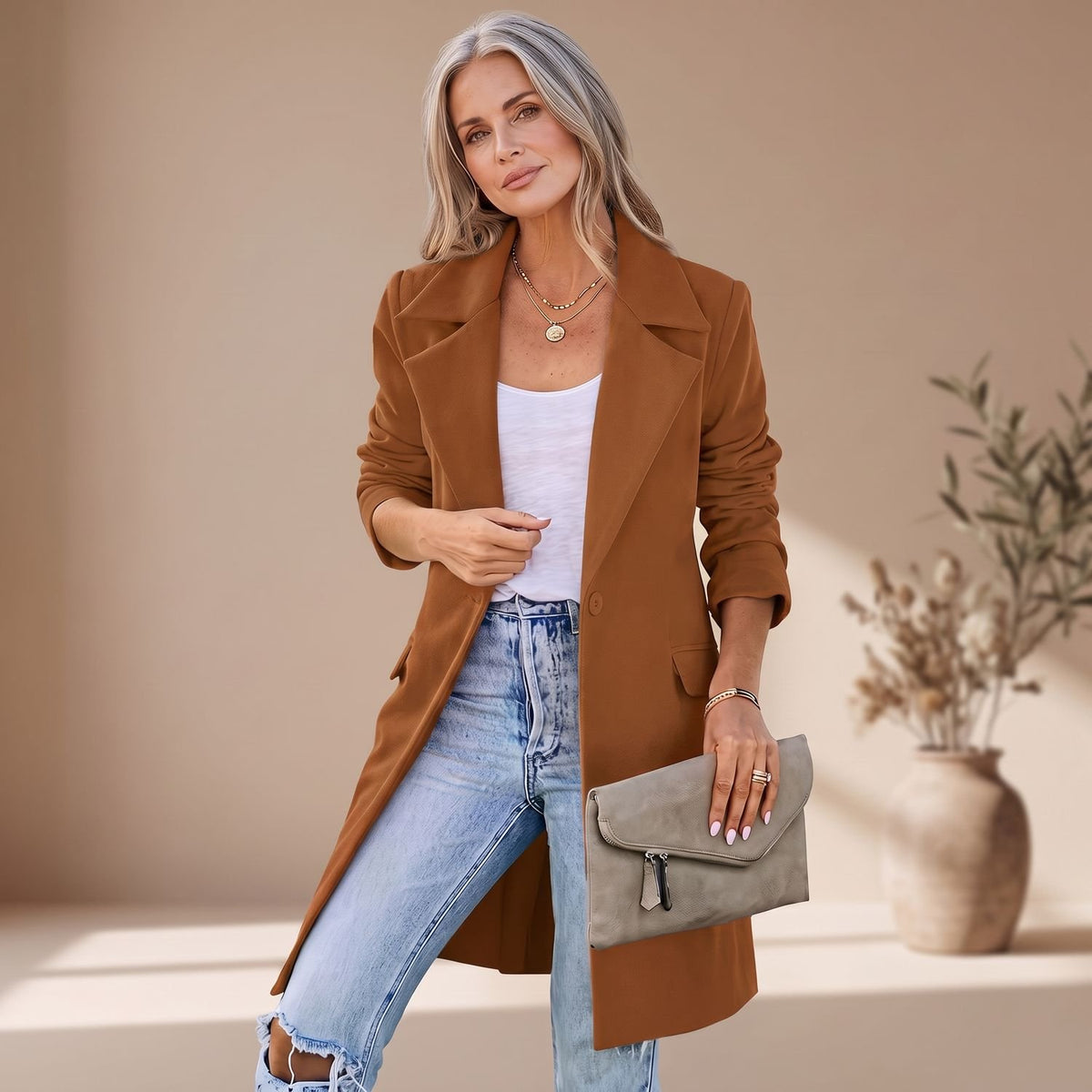 Women's Lapel Single-Button Tailored Trench Coat