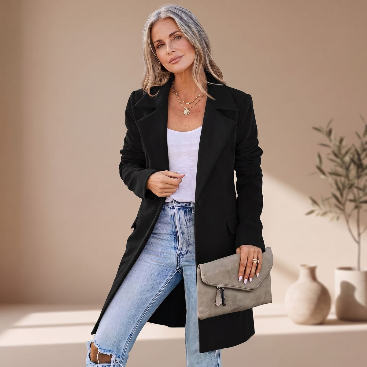 Women's Lapel Single-Button Tailored Trench Coat