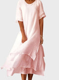 Women's Layered Hem Short-Sleeve Midi Dress - Pink