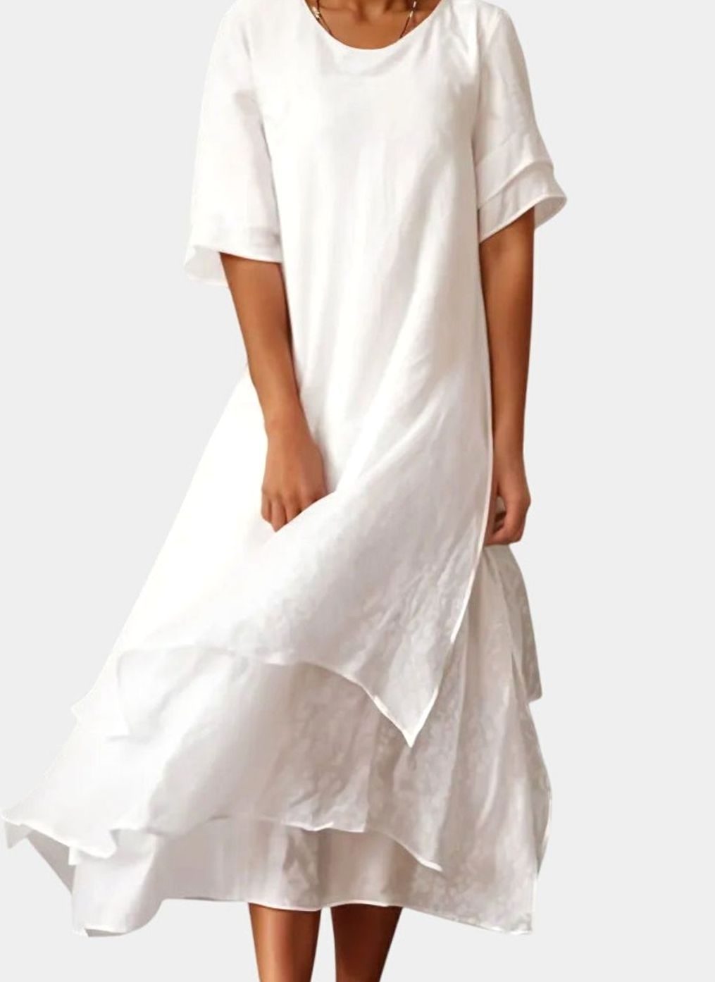 Women's Layered Hem Short-Sleeve Midi Dress - White
