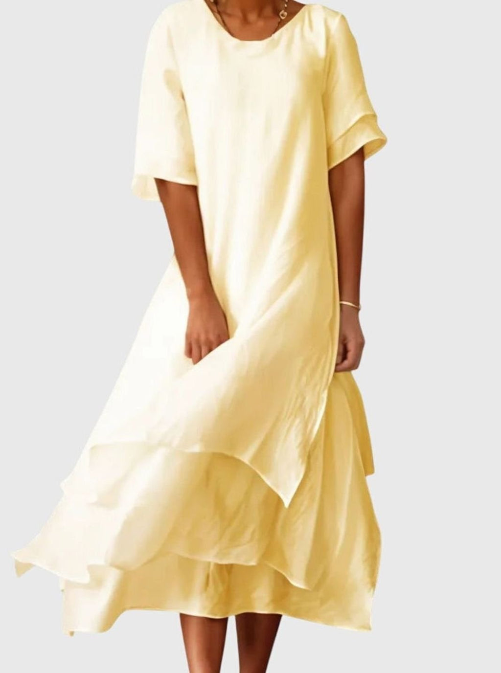 Women's Layered Hem Short-Sleeve Midi Dress - Yellow