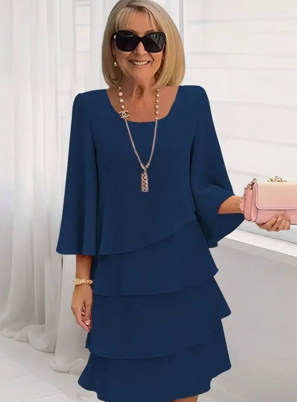 Women's Layered Ruffle A-Line Occasion Dress - Navy Blue