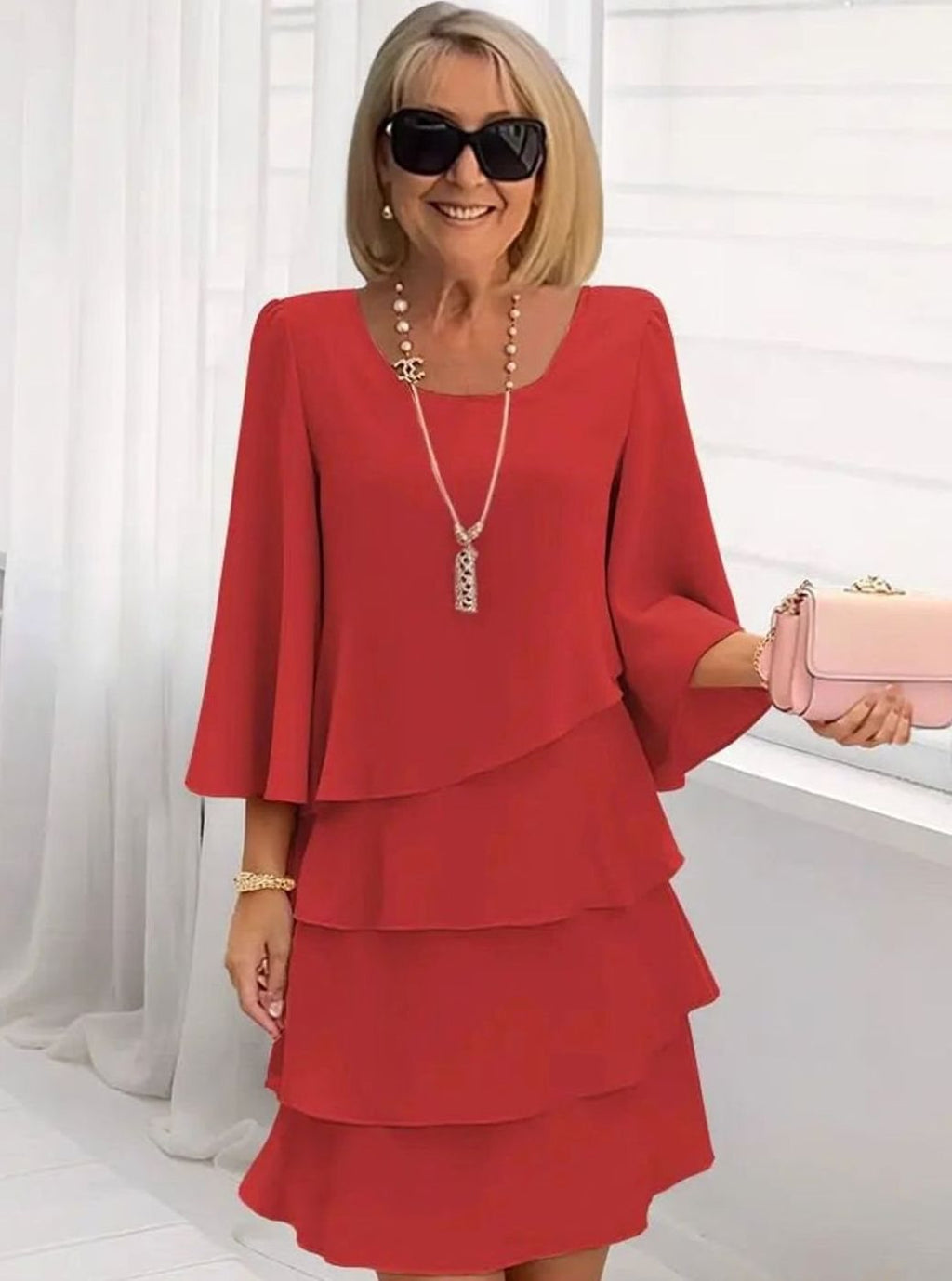 Women's Layered Ruffle A-Line Occasion Dress - Red