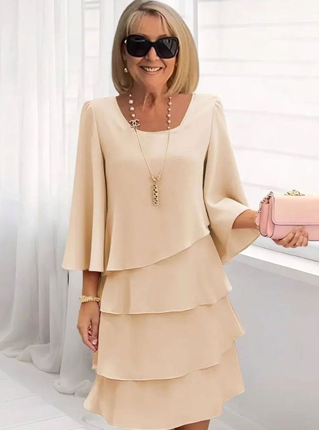 Women's Layered Ruffle A-Line Occasion Dress - Khaki