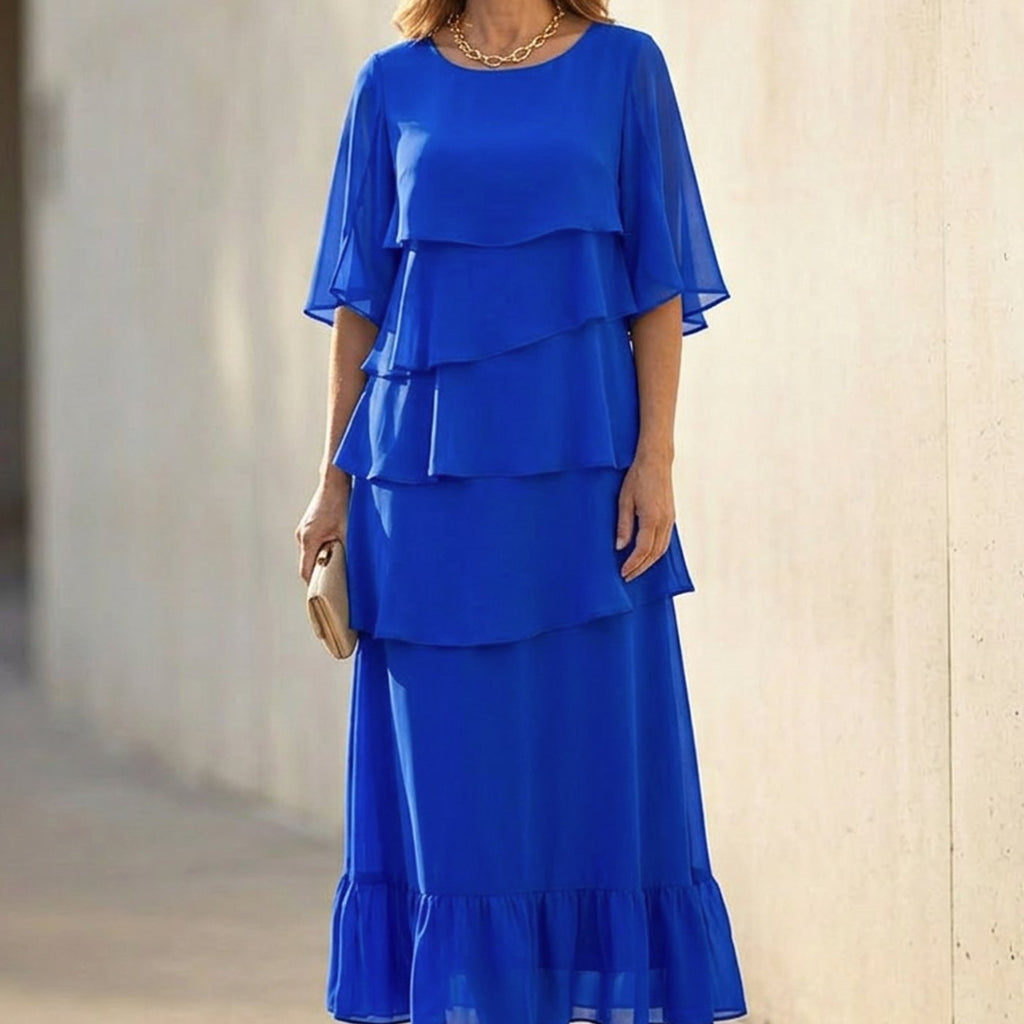 Women's Layered Ruffle Dress Flutter-Sleeve Chiffon Midi