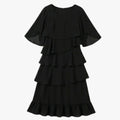 Women's Layered Ruffle Dress Flutter-Sleeve Chiffon Midi - Black