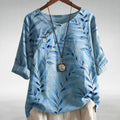 Women's Leaf Print Relaxed-Fit Button Blouse - Blue