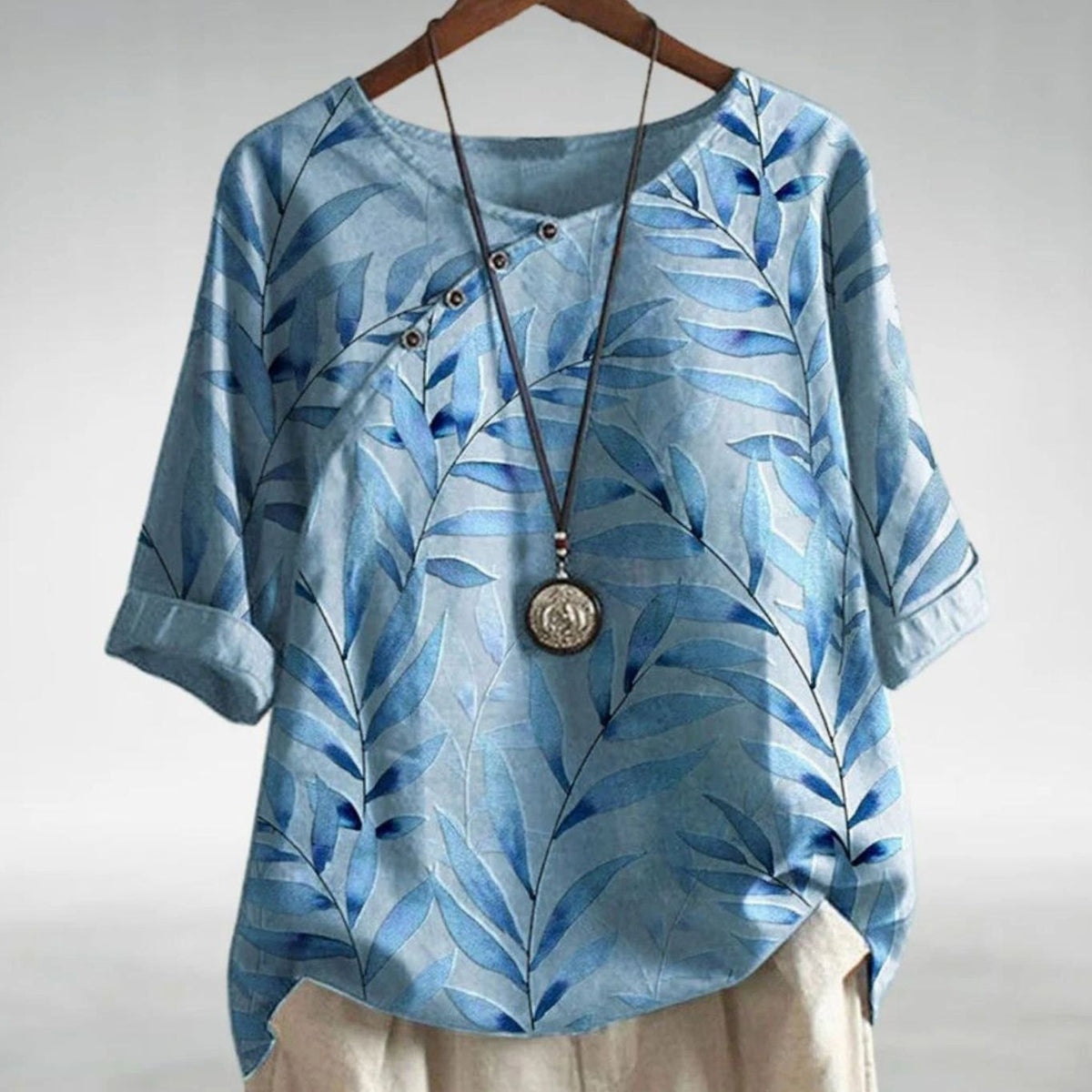 Women's Leaf Print Relaxed-Fit Button Blouse - Blue