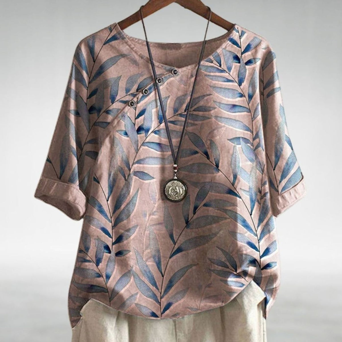 Women's Leaf Print Relaxed-Fit Button Blouse - Pink