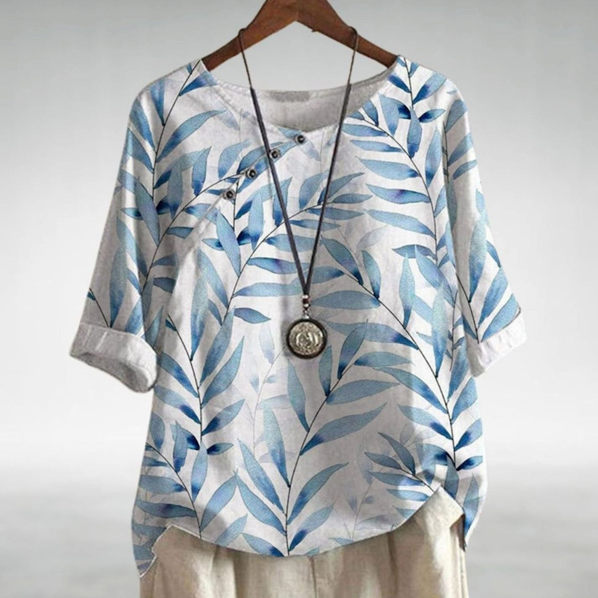 Women's Leaf Print Relaxed-Fit Button Blouse - White