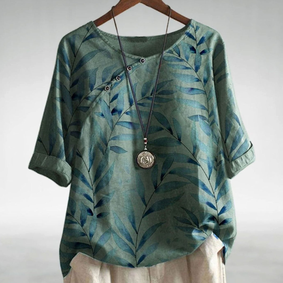 Women's Leaf Print Relaxed-Fit Button Blouse - Green